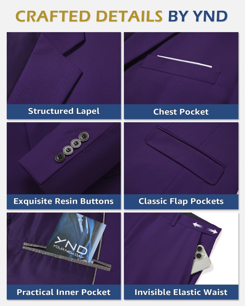 YND Men's 3 Piece Suit Set with Tie, 2 Button Slim Fit Solid Blazer Jacket Vest Pants, Business Wedding Party Suits for Men, Deep Purple - Image 3